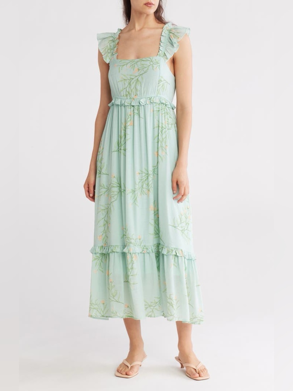 Blu Pepper Cap Sleeve Size Large Ruffle Green Blue Floral Tiered Maxi Dress